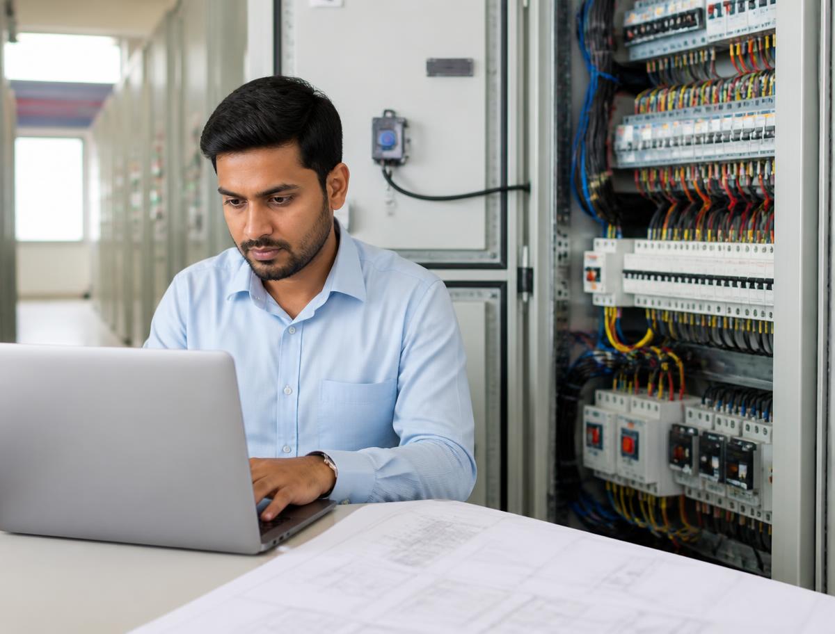 Electrical engineer using calculation tools beside a distribution panel
